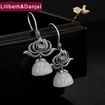 

2019 Ohringe Damen Drop Earring 925 Sterling Silver For Women Mosaic White jade lotus long Dangle Earring fashion Jewelry YLY2