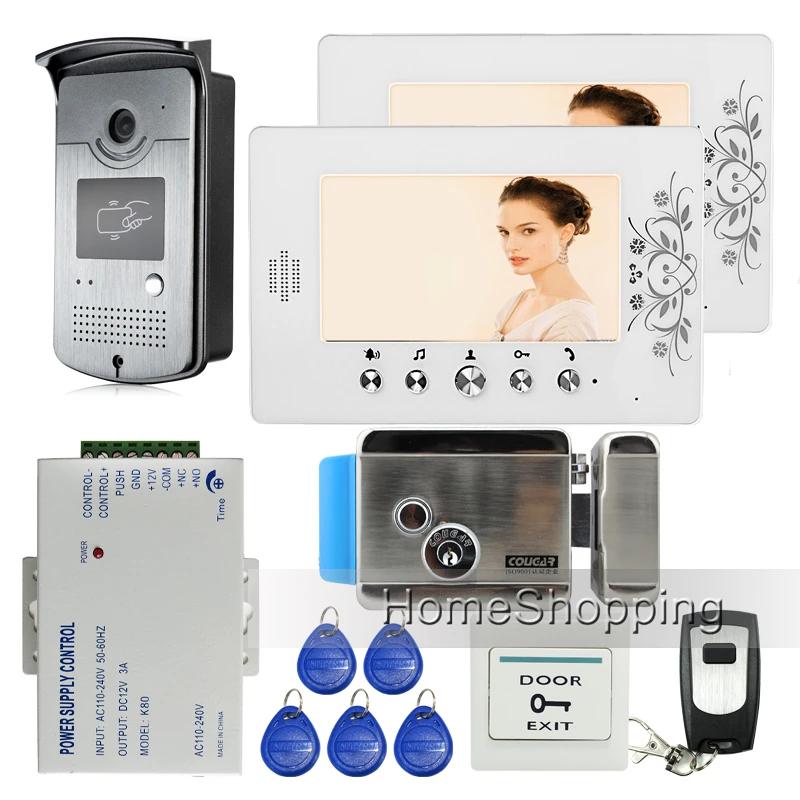 

New Wired 7" TFT Video Door Phone Intercom Doorbell + 1 RFID Access Camera + 2 White Monitors + Electric Lock IN Stock FREE SHIP