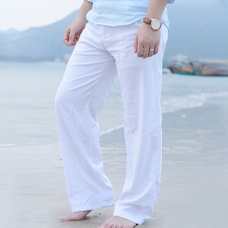 Новые высококачественные мужские летние повседневные штаны из натурального хлопка, льняные брюки с эластичной резинкой на талии, прямые мужские свободные штаны, 5 цветов