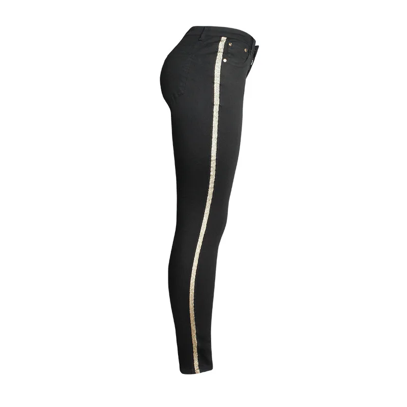 Весенние модные женские джинсы с блестками и полосками сбоку, европейские и американские джинсовые хлопковые узкие черные узкие брюки-карандаш с эффектом пуш-ап - Цвет: Черный