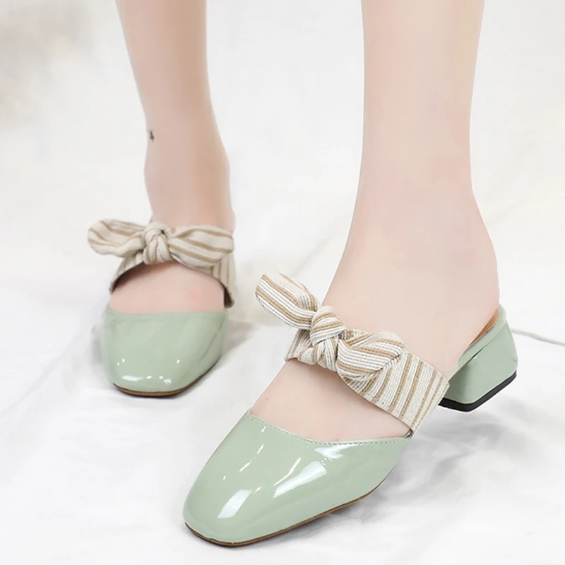 

2019 Sweet Bow-Knot Leather Mules Women Shoes Ladies Slippers Low Heel Outdoor Slippers Slides Summer Sandals chaussures femme