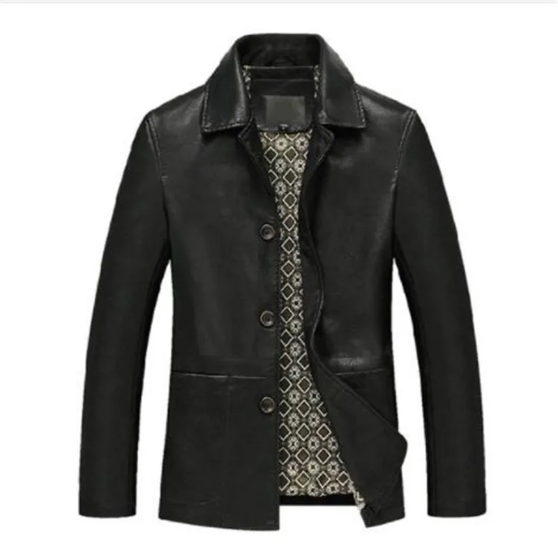 

Men Genuine Leather Jacket Black Brown 2019 New Spring And Autumn Button Pockets Male Sheepskin Leather Coat Father Outwear P02