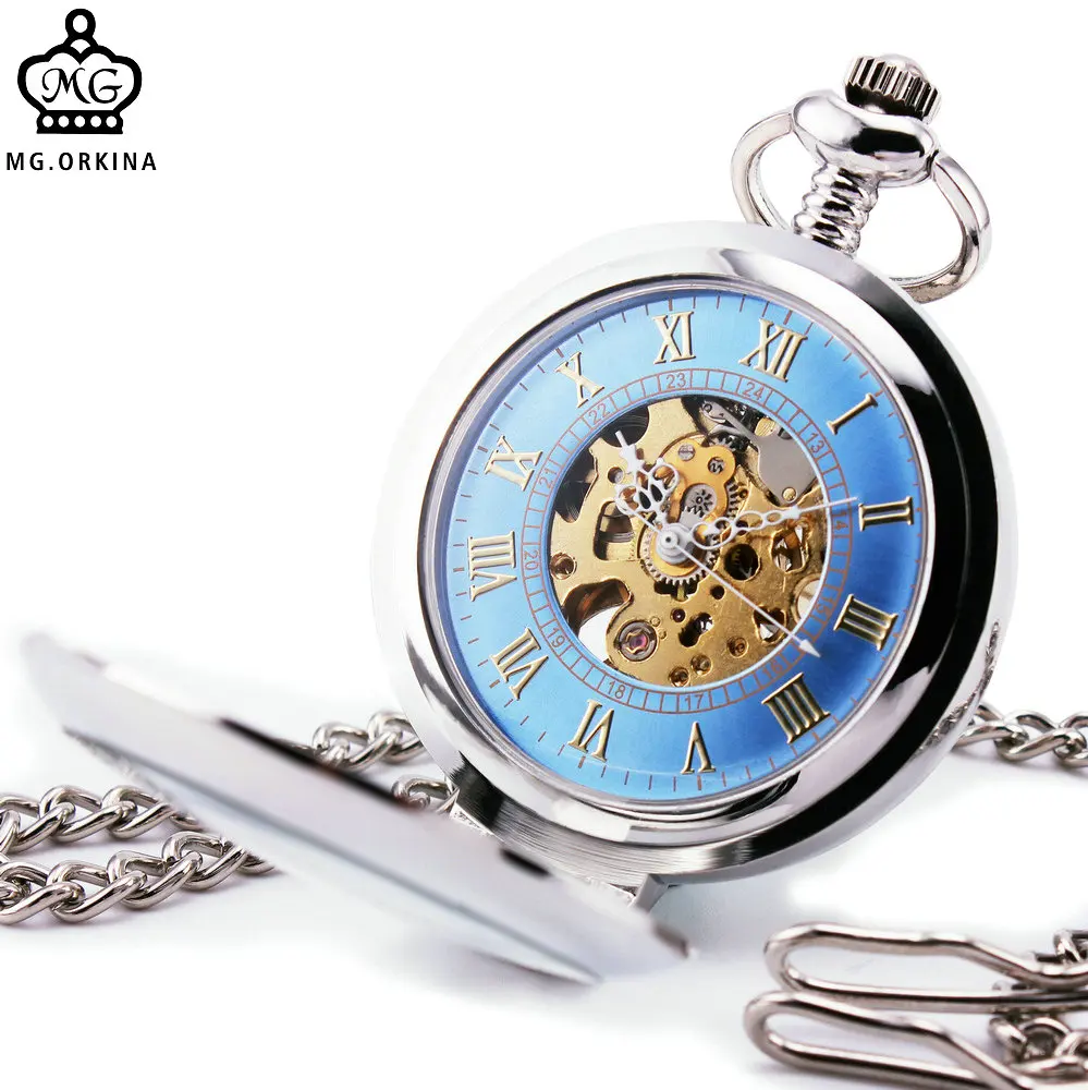 حار بيع الرجال النساء فريدة الميكانيكية الجيب ووتش فضة فولاذ القضية غطاء زجاجي أنيق الأزرق الهيكل العظمي الهاتفي الفاخرة العصرية