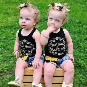 

Summer Bee Kind Toddler Baby Girl Clothes Set Sleeveless Vest Top+Short Jeans 2Pcs Outfits Kids Children Clothing Set