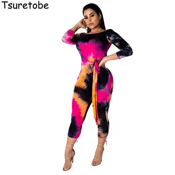 

Tsuretobe Fashion Printed Jumpsuit Women Off Shoulder Sexy Bandage Capri Jumpsuit Summer Casual Bodycon Bodysuit Womens Rompers