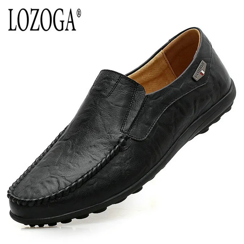 

Lozoga Size 45 Men Leather Shoes Casual Loafers Shoes Flats Slip On Genuine Leather Black Round Toe Chinese Leisure Shoes Sale