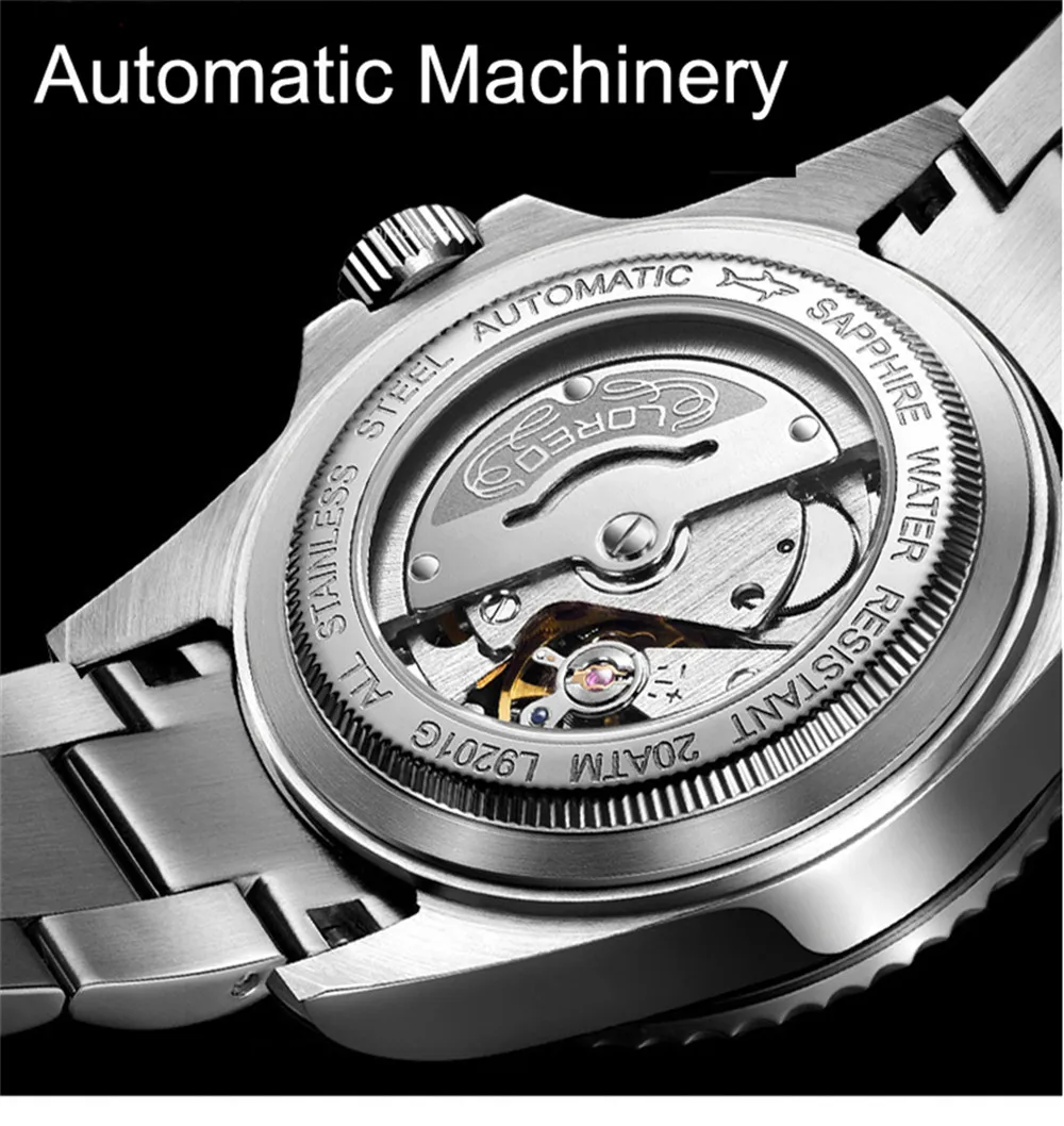 Бренд LOREO, роскошные механические часы для дайвинга 200 м, повседневные вращающиеся керамические часы с сапфировым ободком и чайкой, Мужские автоматические часы