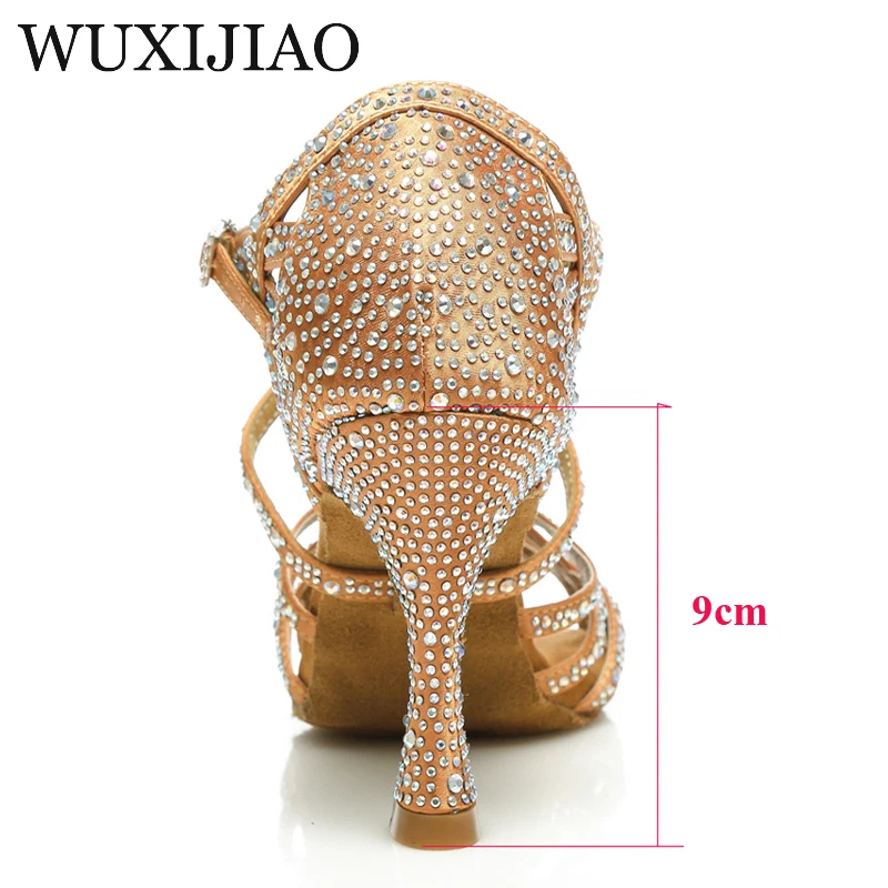 WUXIJIAO Women Salsa party Ballroom shoes Latin dance shoes big small rhinestone shining sandals skin satin Cuba heel 9cm