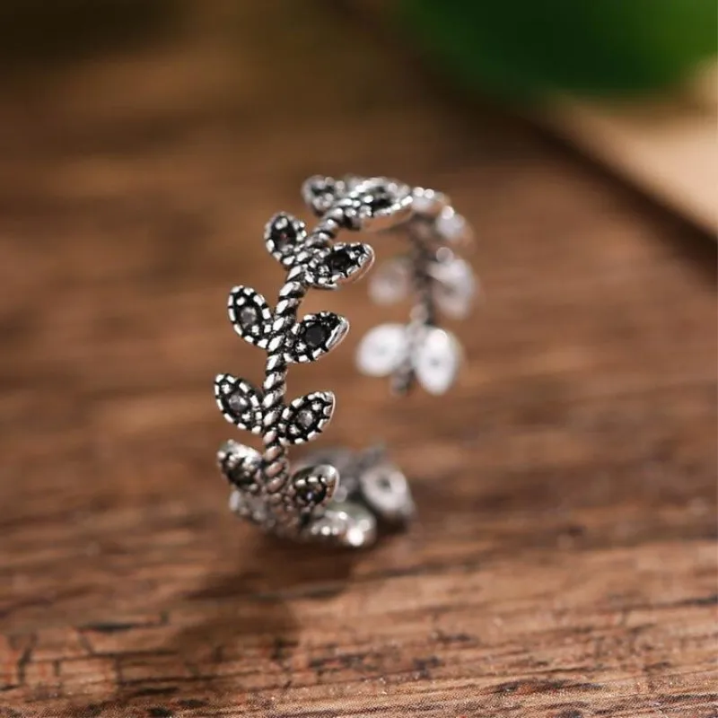 

Retro Personality Fashion 925 Sterling Silver Jewelry Tree Leaf Simple Temperament Feather Thai Silver Opening Rings SR203