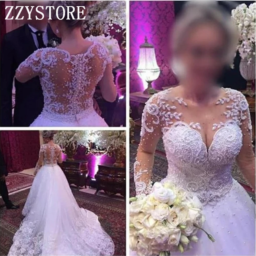 

O-neck Illusion Beading Pearls Court Train Custom-Made Newest White Heavy Handworks Court Train Arabic White wedding dresses