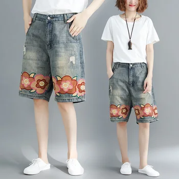 

2020 Summer Women Fashion Loose Wide Leg Jeans Half Pants Female Casual Plus Size Denim Vintage Ripped Cowboy Jeans Knee Pants
