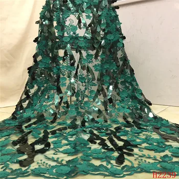 

Green Color High Quality African Tulle Lace Fabric 2019 French Net Sequins And Beards 3d Lace Fabric for Wedding Dress HJ2239-1