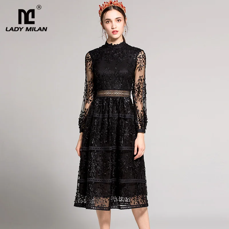 

New Arrival 2019 Women's Stand Collar Long Sleeves Embroidery Sexy Hollow Out Patchwork Elegant Party Designer Runway Dresses