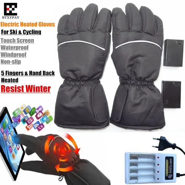 Smart Electric Heating Gloves,AA Rechargeable Battery 5 Finger&Hand Back Self Heated Windproof Waterproof Touch Screen Ski Glove