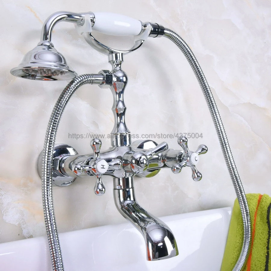 Wall Mounted Bathtub Faucet Double Handle Polished Chrome Mixer Tap Bath Shower Faucets With Hand Shower Nna188