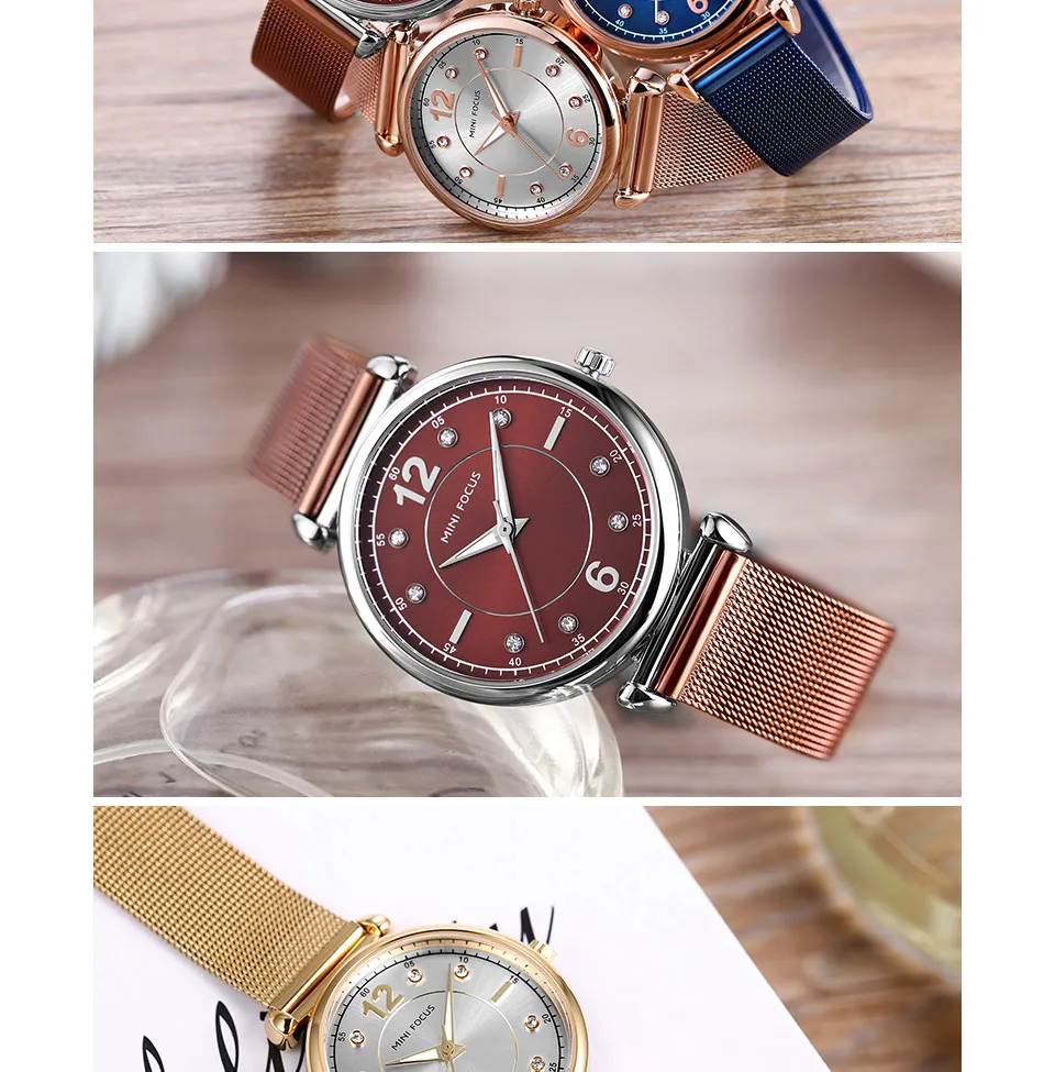 Мини-фокус модные женские часы лучший бренд роскошные розовые золотые сетчатые ремешок Украшенные стразами элегантные женские аналоговые часы