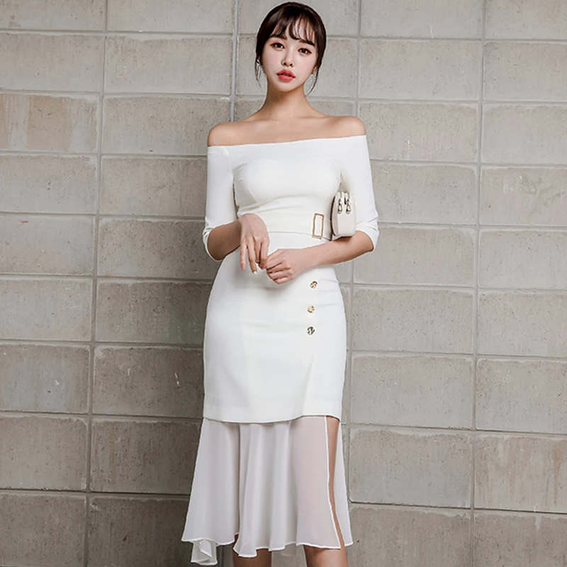 

2019 Spring Slash Neck White Bodycon Sheath High Waist Chiffon Patchwok Knee-Length Fishtail Party Dress
