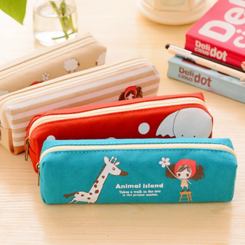1X Cute School Pencil Case for Girls Boy Korea Canvas Animal Zipper
