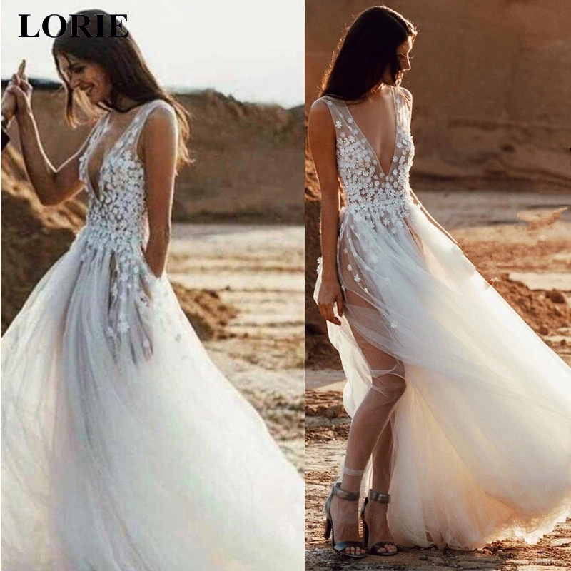

LORIE 2019 Beach Wedding Dresses Tulle Appliques V Backless Bridal Gowns Illusion Bodice Wedding Dress Vestidos De Novia