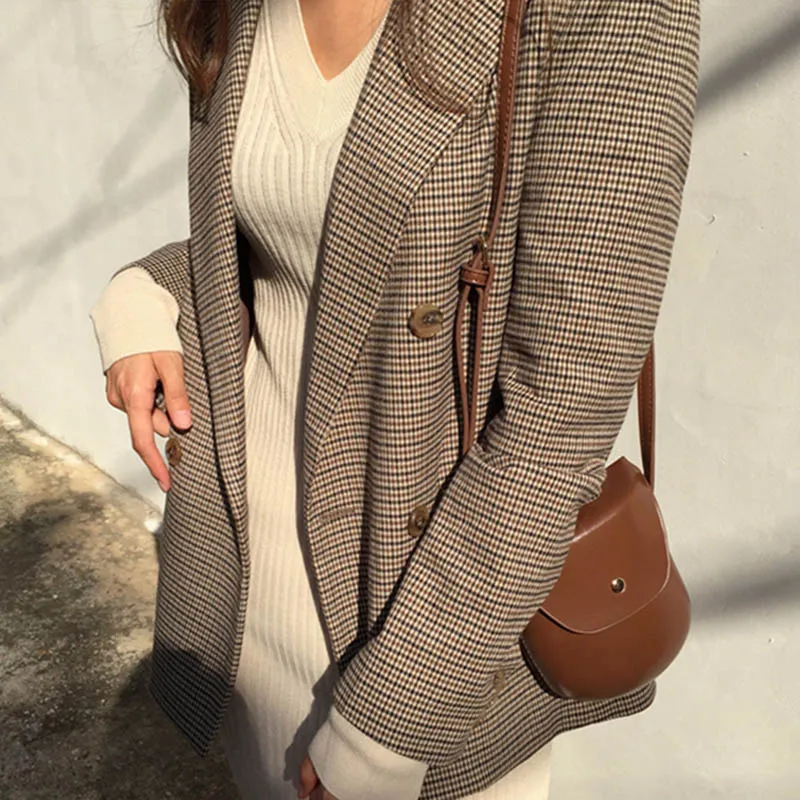Elegant Vintage Office Lady Blazer Classic Plaid Double Breasted Female Slim Chic Small Suit British Style Slim Suit Jacket 2019