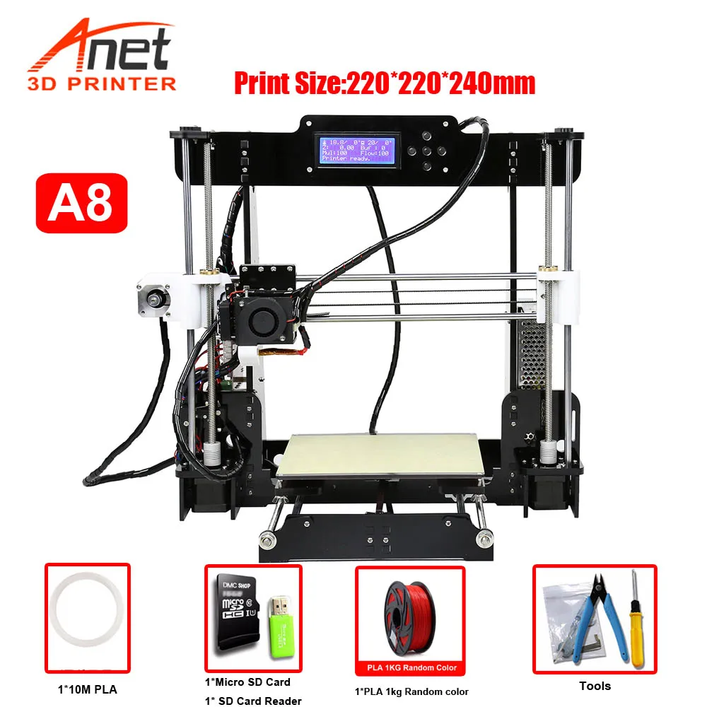 Anet Auto A6 A8 3d принтер с высокой скоростью печати Reprap Prusa i3 высокоточные игрушки DIY 3d Принтер Комплект с нитью алюминия Горячая кровать - Цвет: A8 With 1KG PLA