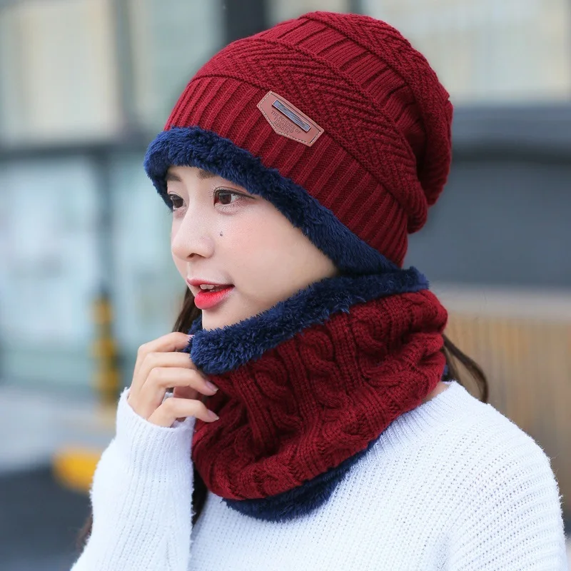 

New knitted unisex plus velvet autumn and winter sets of hats thick outdoor windproof neck scarf warm hat and Bib