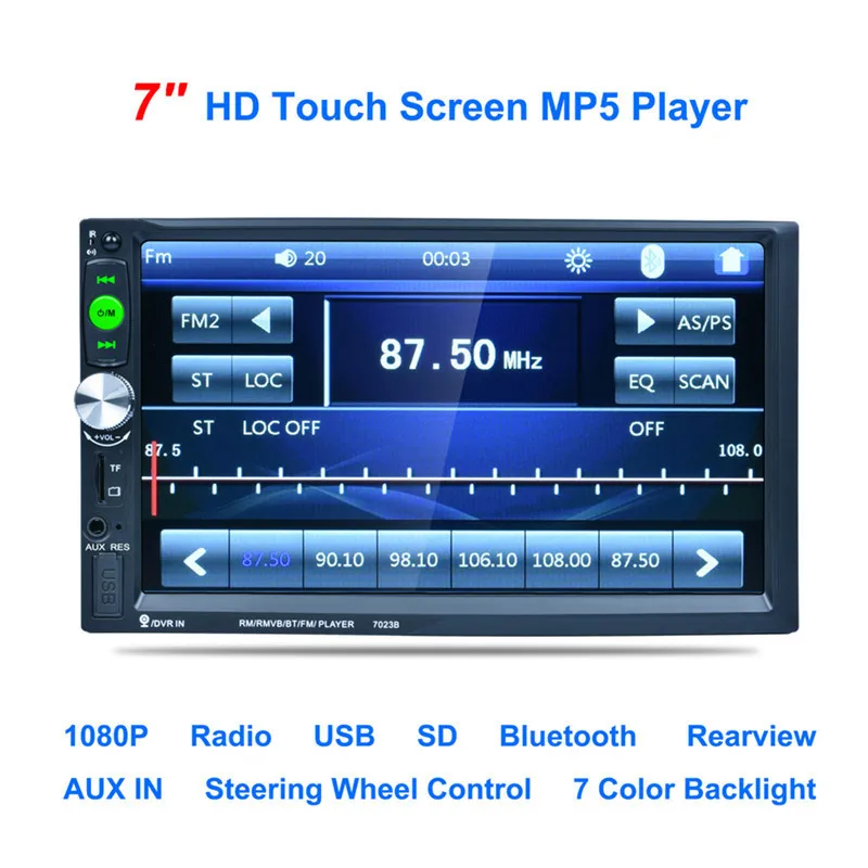 

7023B 7" Inch Car 2DIN Touch Screen Auto Radio Video Audio MP4 MP5 Player 1080P HD TFT Bluetooth FM/USB/AUX + Rear View Camera