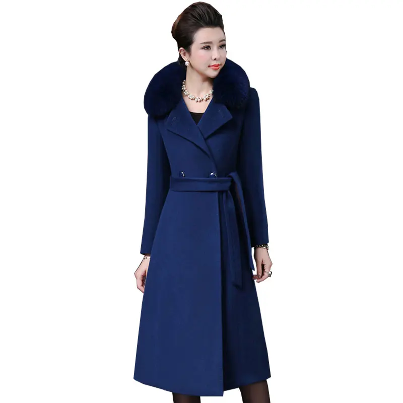 Plus size 4XL Middle aged Womens Woolen Coat Winter 2018 New Imitation Fox Fur Collar Wool Overcoat Long Slim Woolen Jacket