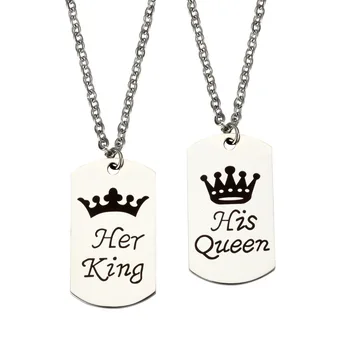 

Gold Lovers Inspirational Fashion Necklace Jewelry her king his queen Lettering Stainless Steel Military Necklace Jewelry