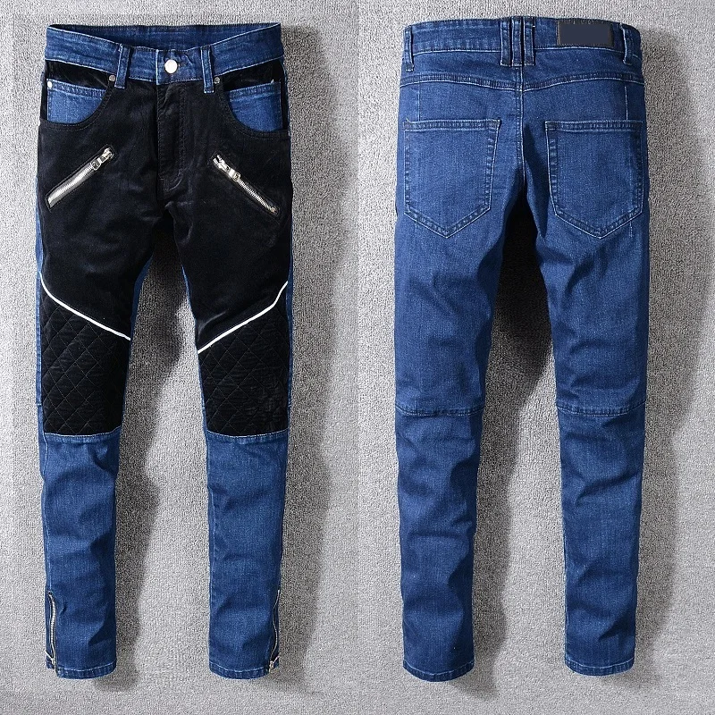 

New France Style #1069# Mens Patchwork Moto Pants Ribbed Skinny Black/Blue Biker Jeans Slim Trousers Size 29-42