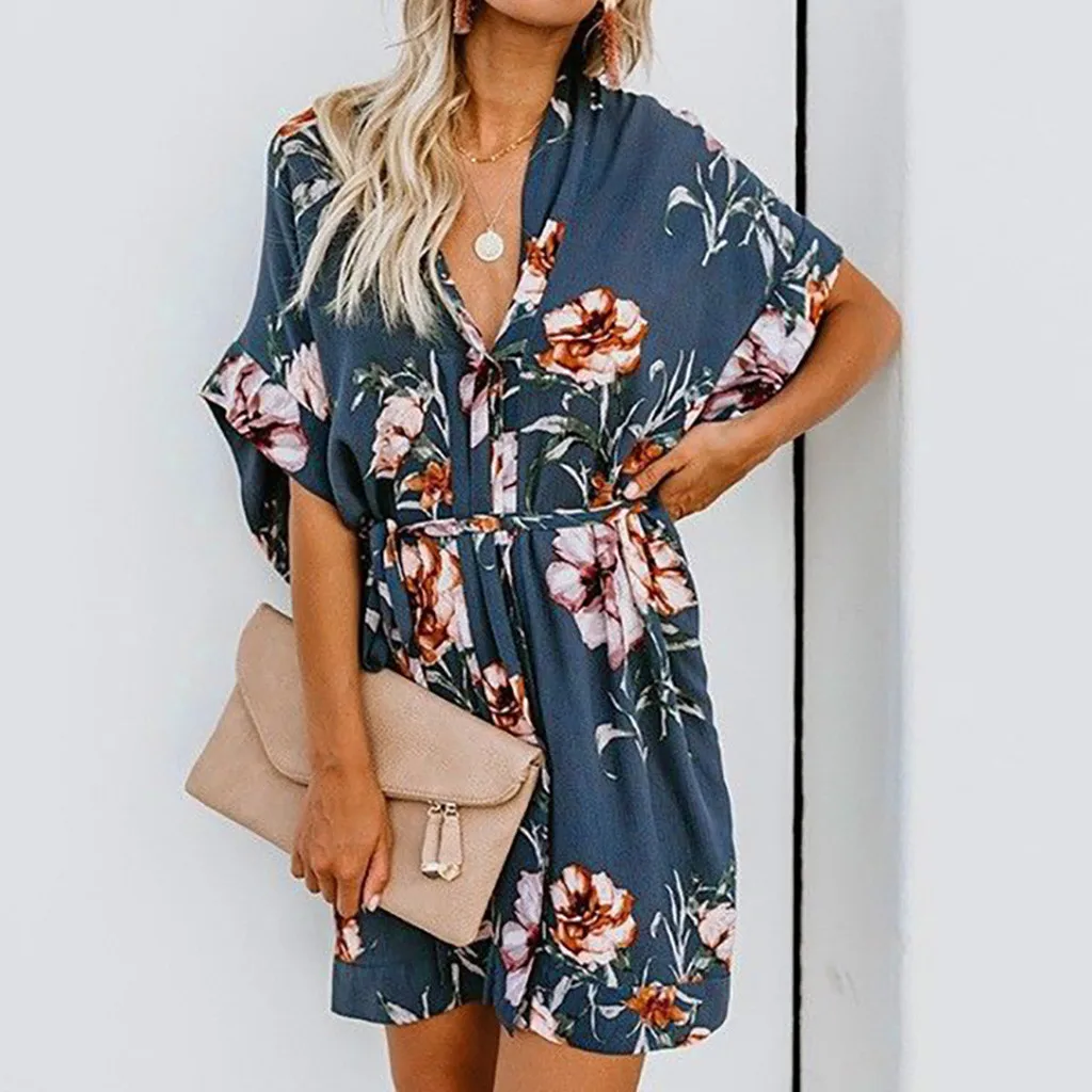 

2019 Spring Summer Women Mini Dress Floral Print Half Sleeve Ladies Dress V Neck Slim Party Min Dress Women Clothing