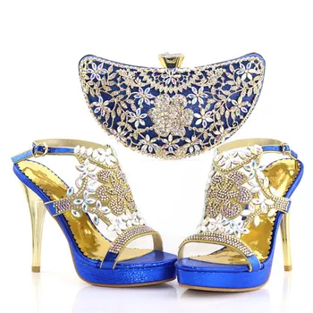 

Fashionable Royal Blue African Women Shoes Matching Set With Colorful Crystal And Blue Color Bag For Dress V8886-4