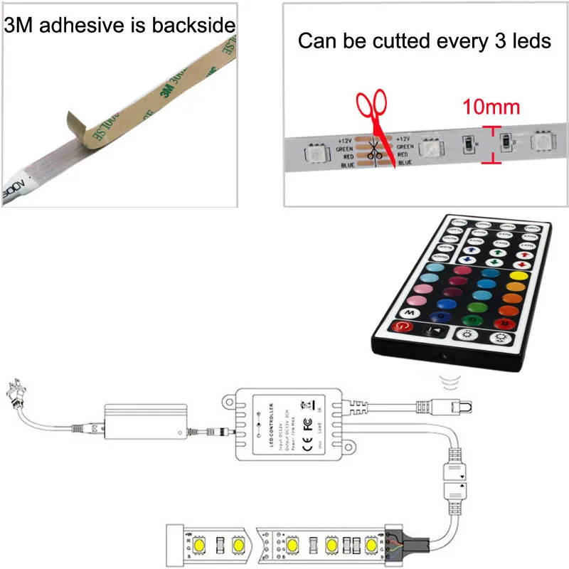 5050 RGB led ленточный светильник 5 м 10 м 30 светодиодный/м гибкий ip 20 водонепроницаемый неоновый светильник tira ленточная лента 44 к контроллер постоянного тока 12 В набор адаптеров