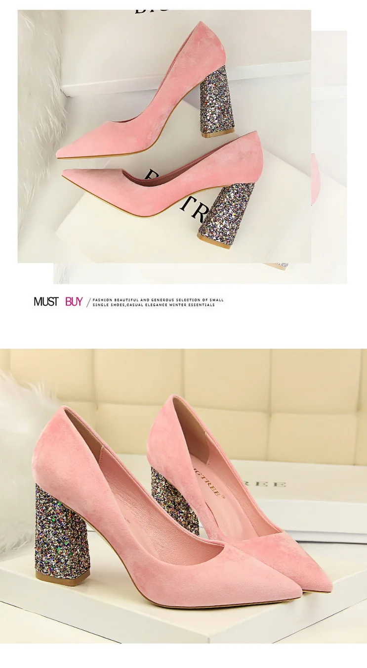 Роскошные элегантные женские туфли-лодочки из флока на квадратном каблуке с кристаллами; цвет желтый, розовый, черный; женские вечерние туфли с острым носком; G0021