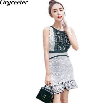 

Orgreeter 2017 Women's Clothing New Fashion Elegant Lace Dresses Summer Sleeveless Lace Patchwork Fishtail Dress Vestidos