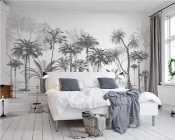 

Custom Wallpaper Mural Black and White Sketch Tropical Rainforest Coconut Tree Nordic TV Sofa Background 3d Wallpaper