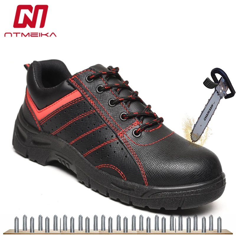 

Fashion Mens Safety Shoes Steel Toe Big Size 35-46 Genuine Leather Safety Boots Men Lace Up Breathable Casual Work Shoes Black