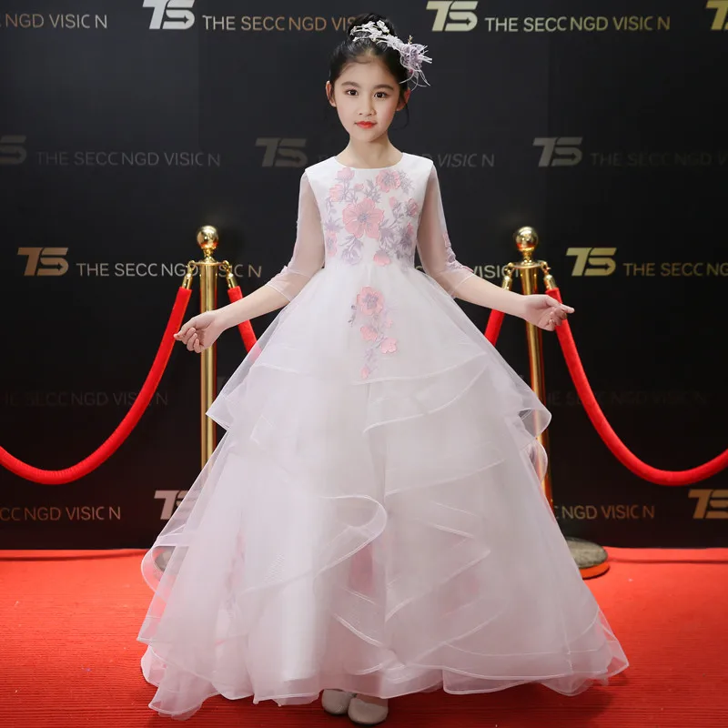 

5~15years Cake-layers luxuriant Girls Kids Wedding Embroidery Flowers Dress Princess Birthday Party Pageant Half Sleeves Dress