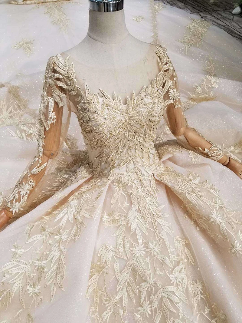 HTL125 свадьба в западном стиле платья 2019 с круглым вырезом Длинные Тюль рукав бисером блестящие кружева А-силуэт свадебное платье мода новый