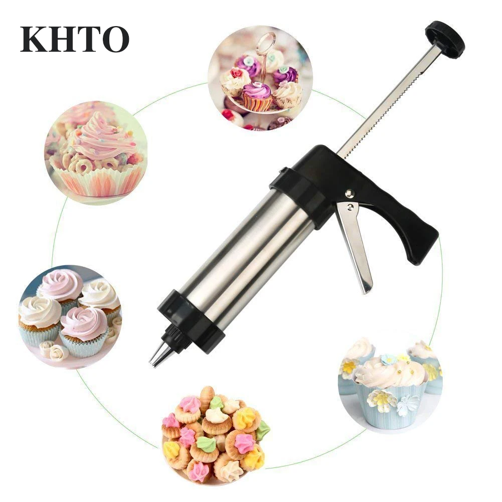 

KHTO Stainless Steel Cookie Press Gun Set with 13 Discs and 8 Icing Tips Baking Cookie Biscuit Moulds Tools