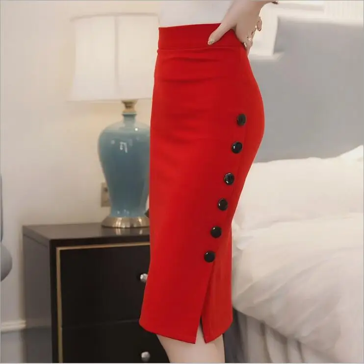 Женская юбка миди, лето, сексуальная, с разрезом, тонкая, формальная, высокая талия, юбка-карандаш до колена, простая, красная, Черная