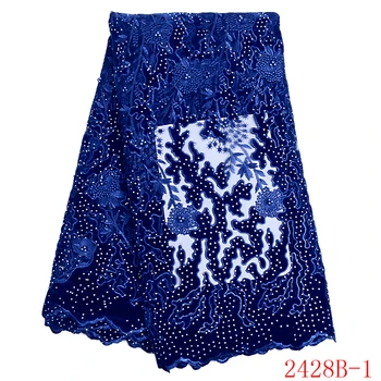 

New African Net Lace Fabric High Quality 2019 Velvet Lace Fabric with Stones French Mesh Lace Fabrics for Evening Dress APW2428B