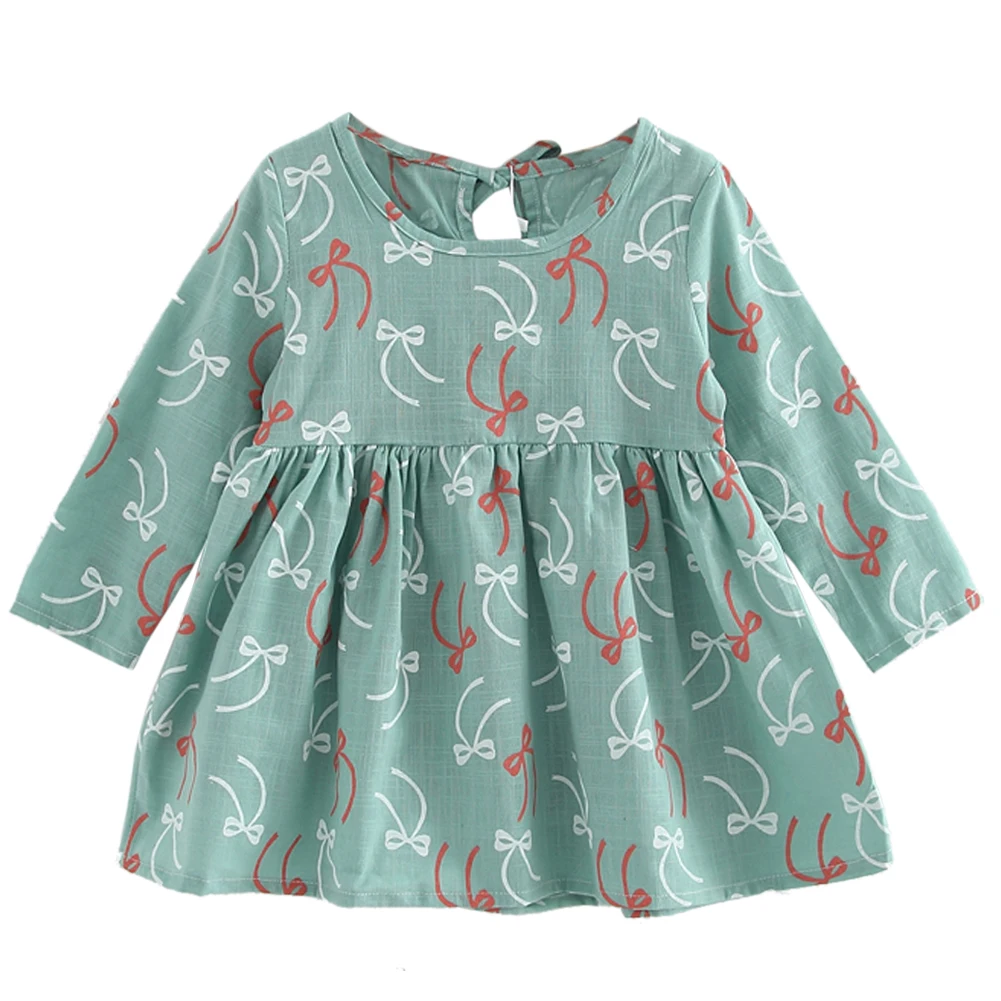 

Kids Girls Dresses Spring Summer Long Sleeve Bowknot Print Dress Soft Cotton Princess Dress O Neck Green A Line Girls Dresses