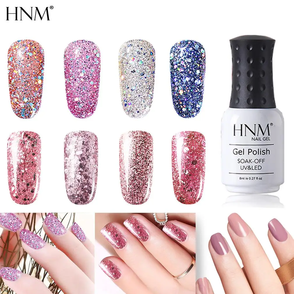  HNM 8ML Rose Gold Bling Gel Nail Polish UV LED Lamp Shimmer Diamond Glitter Soak Off Shiny Sequins 