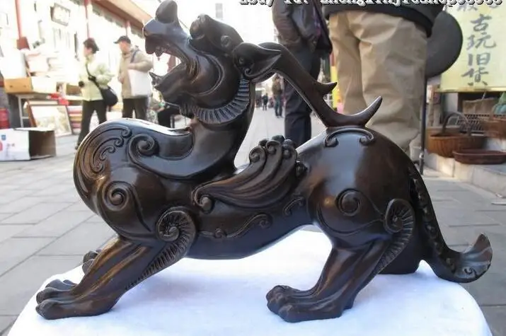 

Chinese Pure Bronze Refined Carve Foo Dog Lion Dragon PiXiu animal beast statue