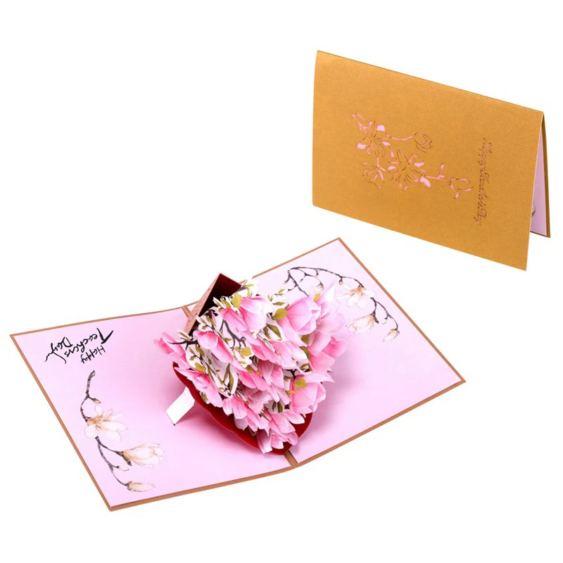  3D Laser Cut Handmade Hollowed Carving Happy Teachers' Day Pink Magnolia Paper Invitation Greeting  - 32908241804