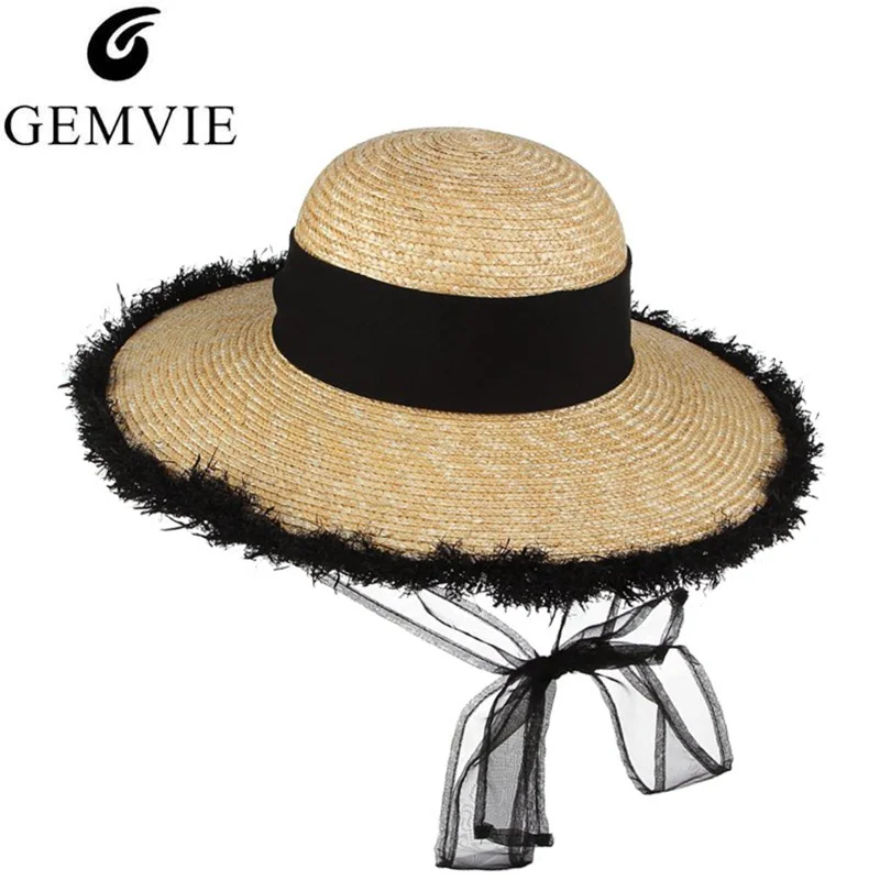 

GEMVIE Trendy Summer Hats For Women 2019 New Straw Hat Plush Patchwork Large Brim Wide Band Straw Woven Sun Hat Lady Beach Hat