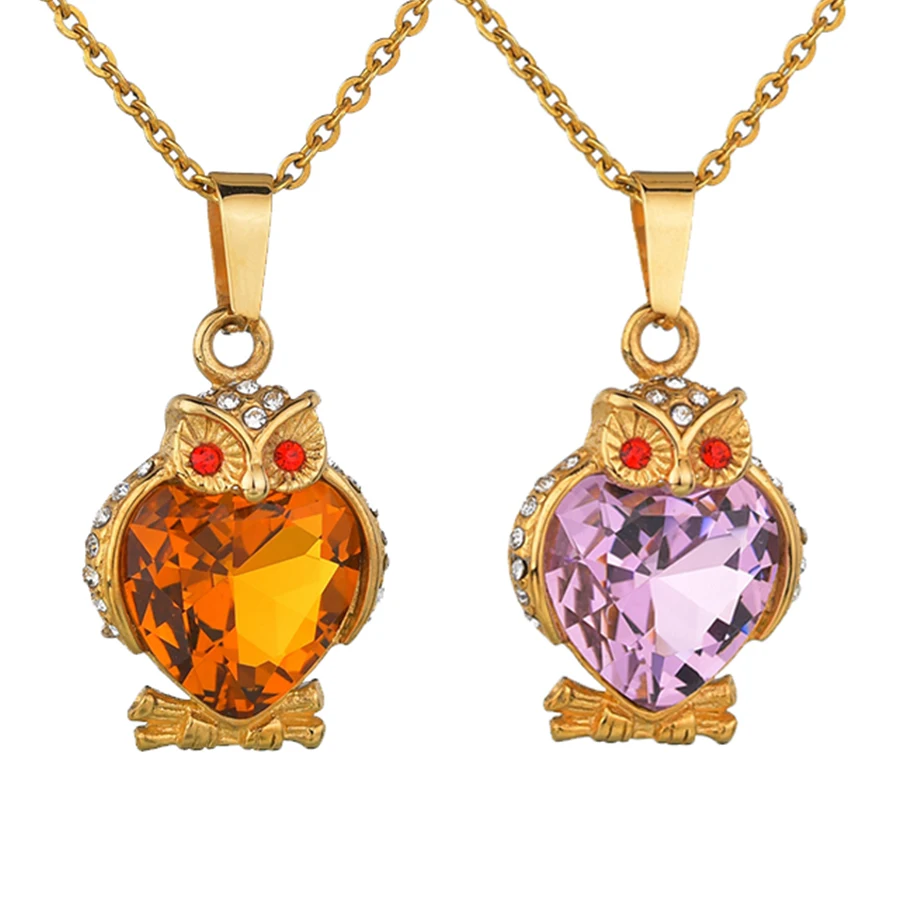 

Trendy Cubic Zirconia Owl Women Necklace Stainless Steel Pink Blue Big Crystal Female Girl Necklace & Pendants Wedding Jewelry