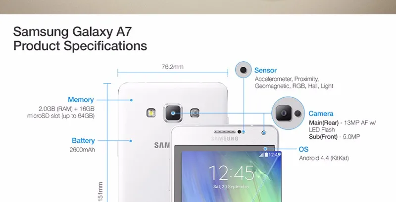 Samsung Galaxy A7 DOUS A7000, четыре ядра, A7(), 5,5 дюймов, 16 Гб ПЗУ, 1080 МП, две sim-карты, P, WIFI, разблокированный смартфон