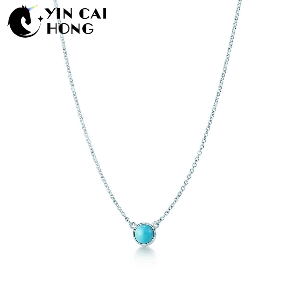 

YCH Charm 925 Sterling Silver Simple Fashion Blue Round Pendant Necklace Women Casual Pop Women Clavicle Chain TIFF